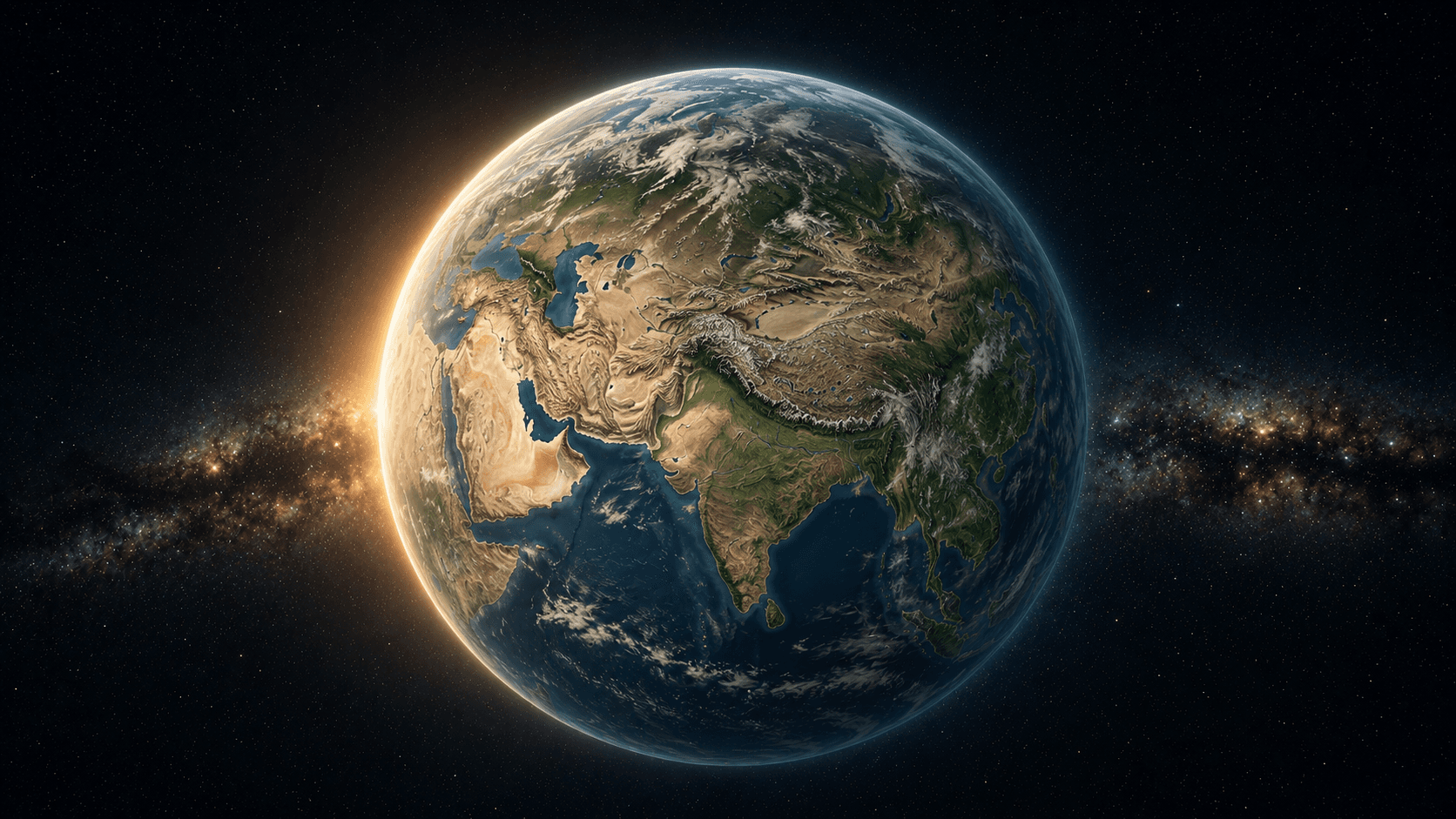 Earth seen from deep space at dawn.
