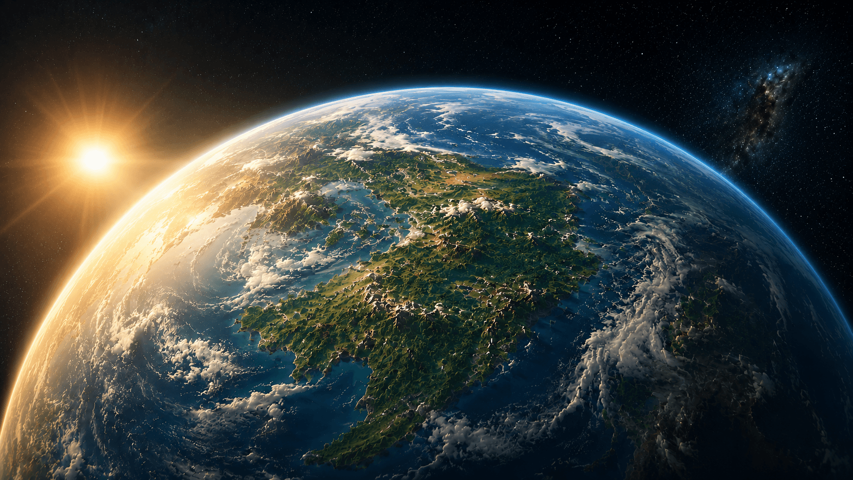 Earth in close orbit, sunlight catching the curve.