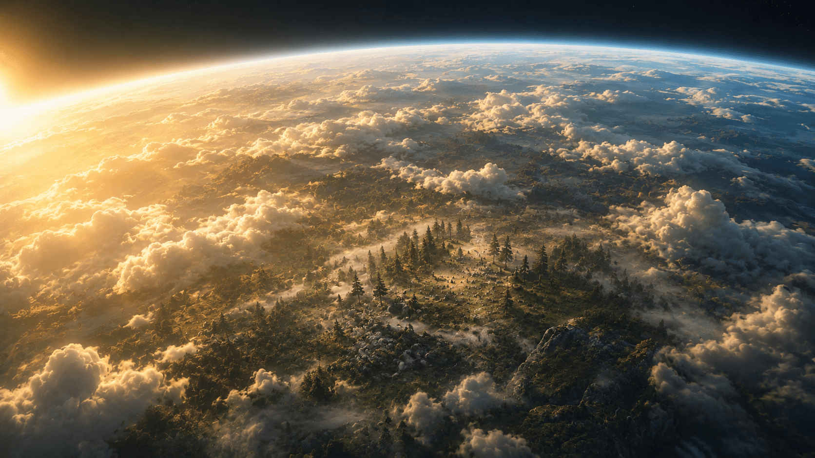Aerial view above clouds with terrain emerging.