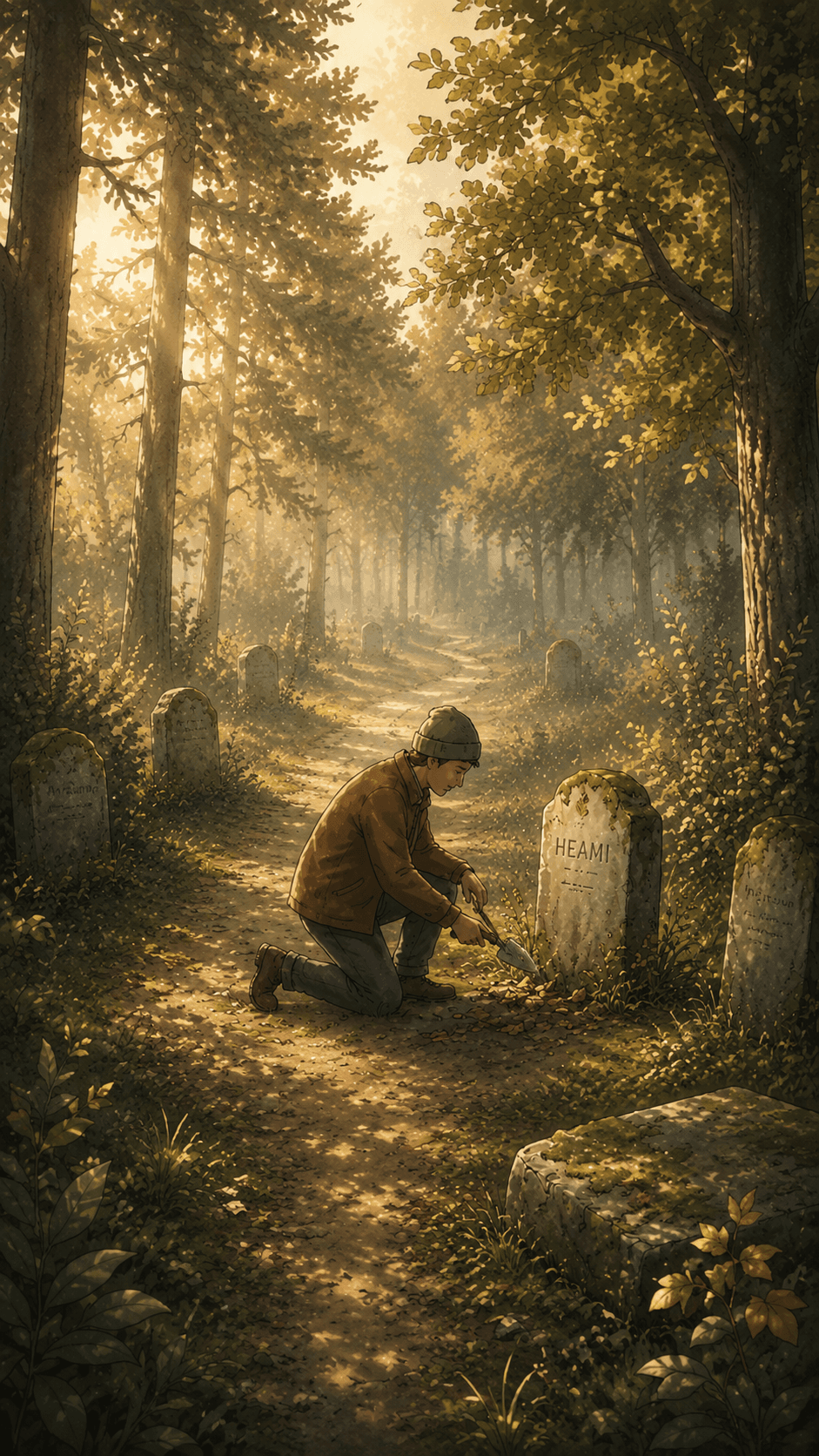 A caretaker kneels at a forest grave at dawn.