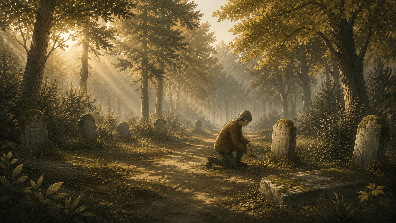 A caretaker kneels at a forest grave at dawn.